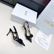 DIOR 26S POINTED TOE HEELED SANDALS 85MM IN BLACK FABRIC WITH PEARL BOW