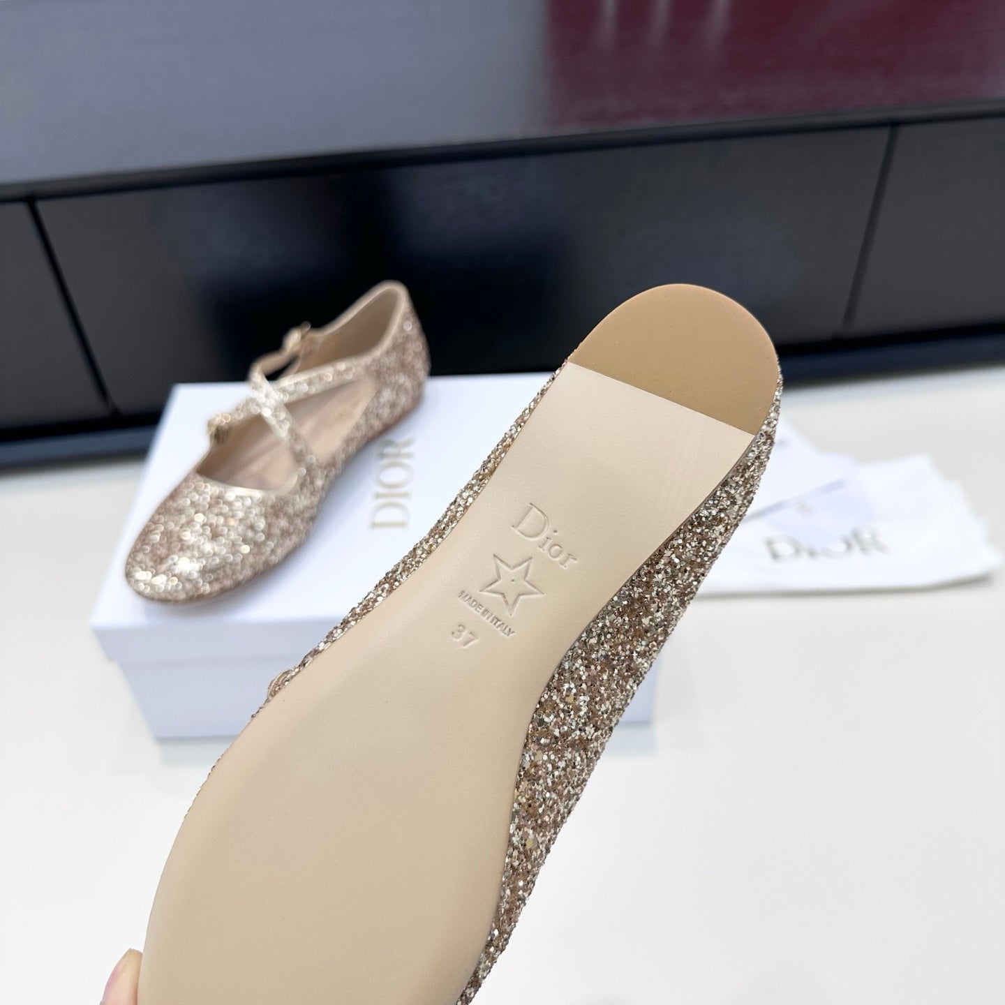 DIOR 26S BALLET FLAT IN GOLD LAMINATED LAMBSKIN AND GLITTER