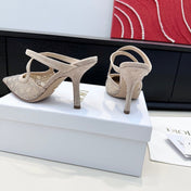 DIOR 26S CAPTURE HEELED MULE 100MM IN BEIGE SUEDE WITH SILVER STRASS CANNAGE MOTIF