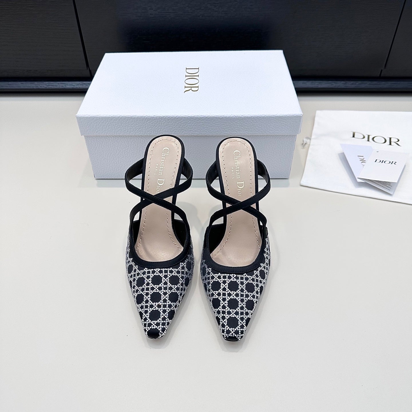 DIOR 26S SLINGBACK PUMP 100MM IN BLACK SATIN WITH SILVER STRASS CANNAGE MOTIF