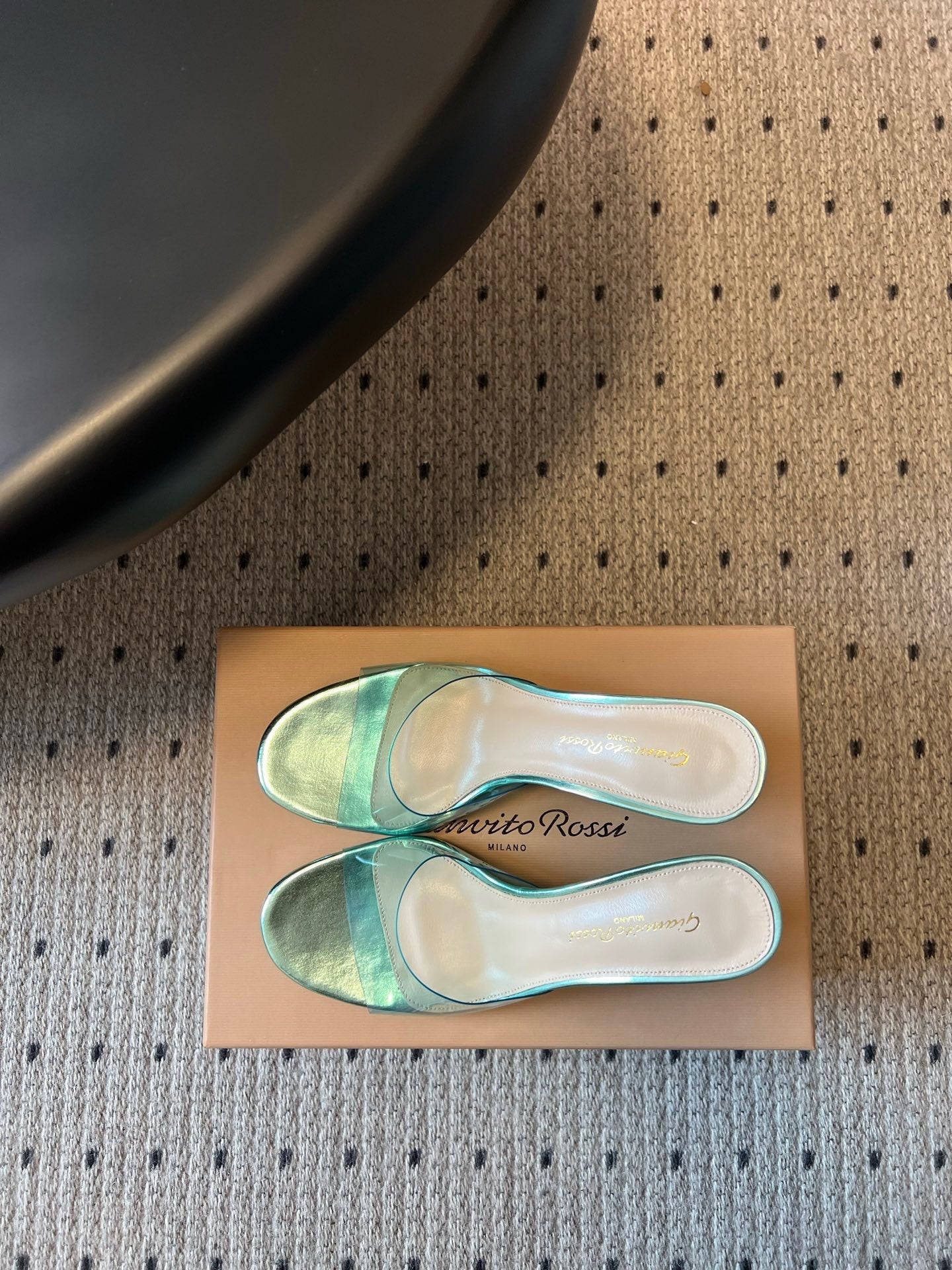GIANVITO ROSSI 26S HEELED SANDALS 75 MM IN METALLIC MINT GREEN PATENT CALFSKIN AND PVC