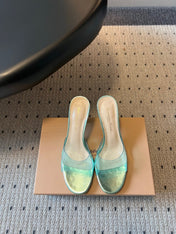 GIANVITO ROSSI 26S HEELED SANDALS 75 MM IN METALLIC MINT GREEN PATENT CALFSKIN AND PVC