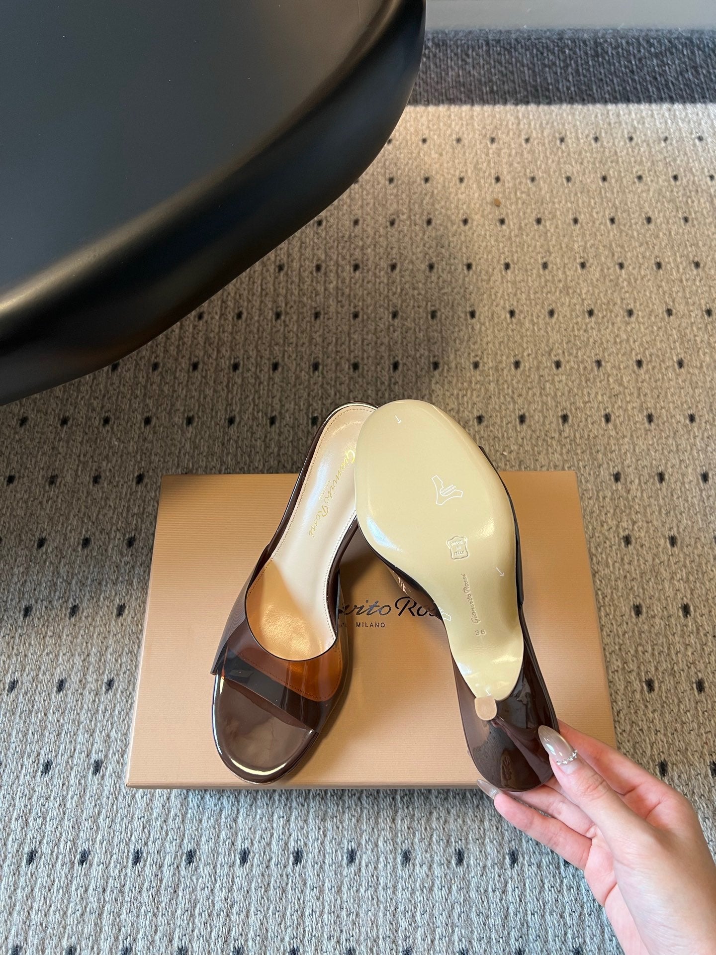 GIANVITO ROSSI 26S HEELED SANDALS 75 MM IN DARK BROWN PATENT CALFSKIN AND PVC