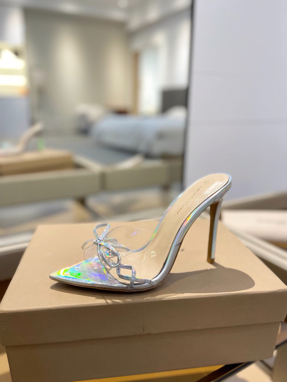 GIANVITO ROSSI 26S HEELED SANDALS 105 MM IN IRIDESCENT SILVER PATENT CALFSKIN WITH BOW