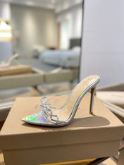 GIANVITO ROSSI 26S HEELED SANDALS 105 MM IN IRIDESCENT SILVER PATENT CALFSKIN WITH BOW