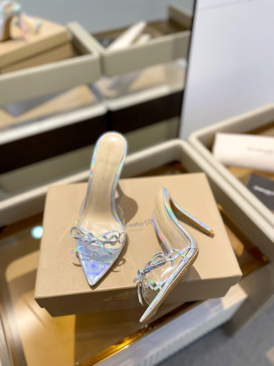 GIANVITO ROSSI 26S HEELED SANDALS 105 MM IN IRIDESCENT SILVER PATENT CALFSKIN WITH BOW