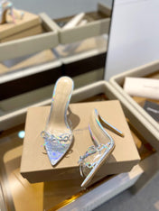 GIANVITO ROSSI 26S HEELED SANDALS 105 MM IN IRIDESCENT SILVER PATENT CALFSKIN WITH BOW