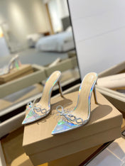 GIANVITO ROSSI 26S HEELED SANDALS 105 MM IN IRIDESCENT SILVER PATENT CALFSKIN WITH BOW