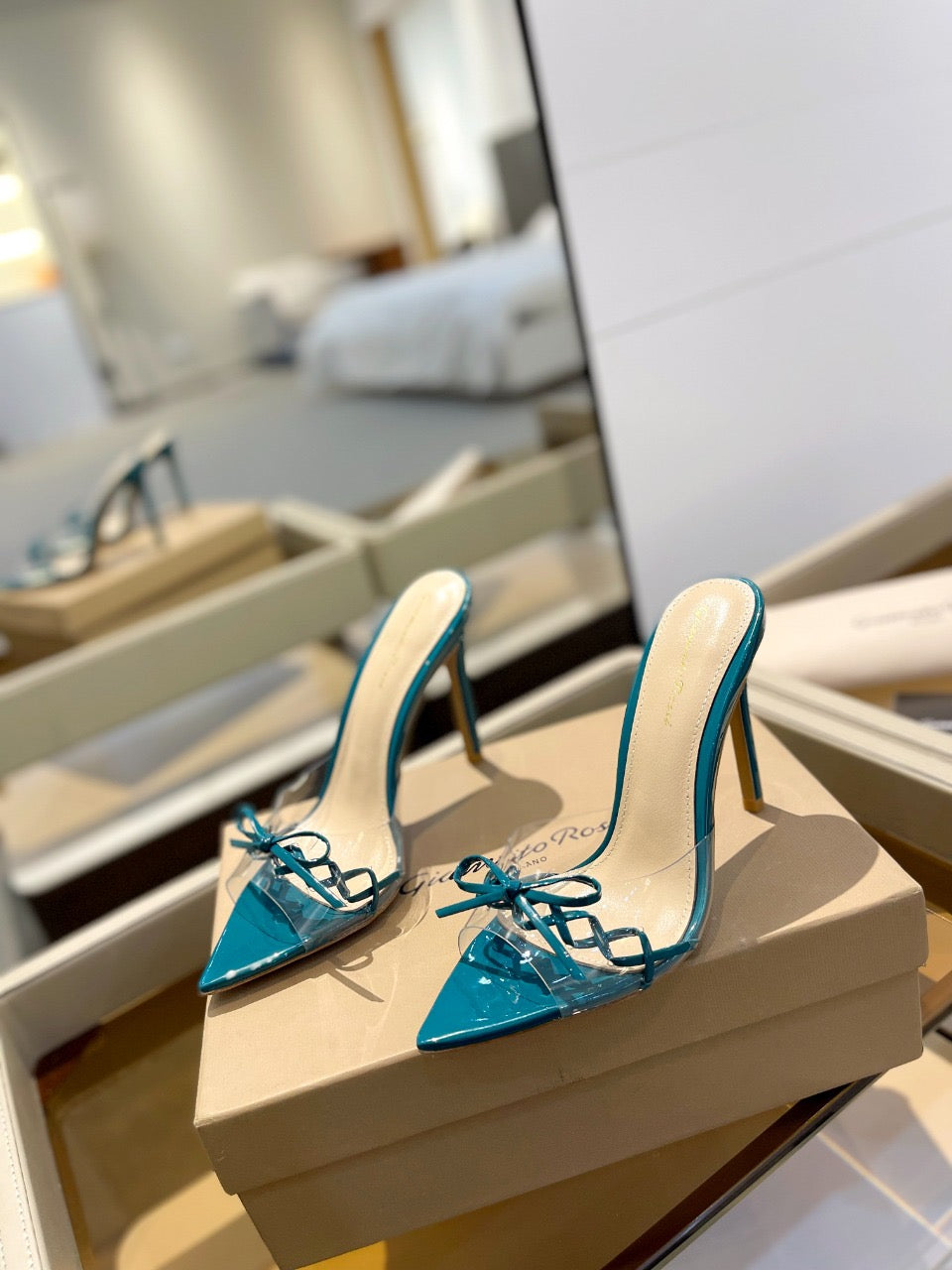 GIANVITO ROSSI 26S HEELED SANDALS 105 MM IN TEAL BLUE PATENT CALFSKIN WITH BOW