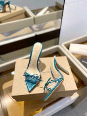 GIANVITO ROSSI 26S HEELED SANDALS 105 MM IN TEAL BLUE PATENT CALFSKIN WITH BOW