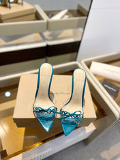 GIANVITO ROSSI 26S HEELED SANDALS 105 MM IN TEAL BLUE PATENT CALFSKIN WITH BOW