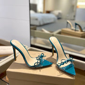 GIANVITO ROSSI 26S HEELED SANDALS 105 MM IN TEAL BLUE PATENT CALFSKIN WITH BOW