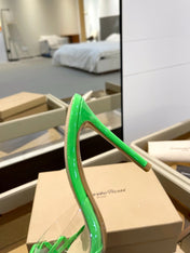 GIANVITO ROSSI 26S HEELED SANDALS 105 MM IN GREEN PATENT CALFSKIN WITH BOW