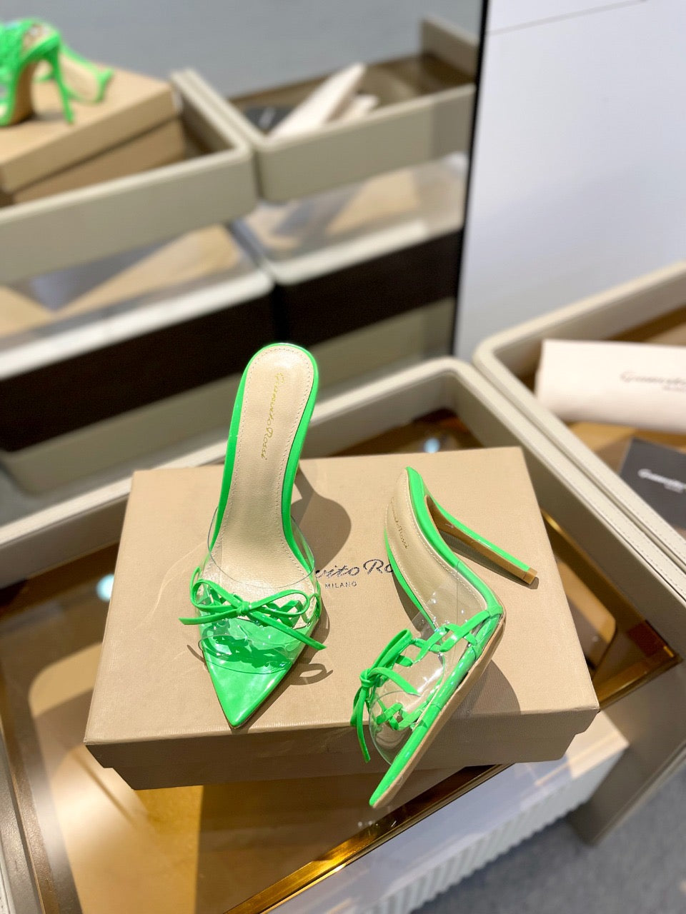 GIANVITO ROSSI 26S HEELED SANDALS 105 MM IN GREEN PATENT CALFSKIN WITH BOW
