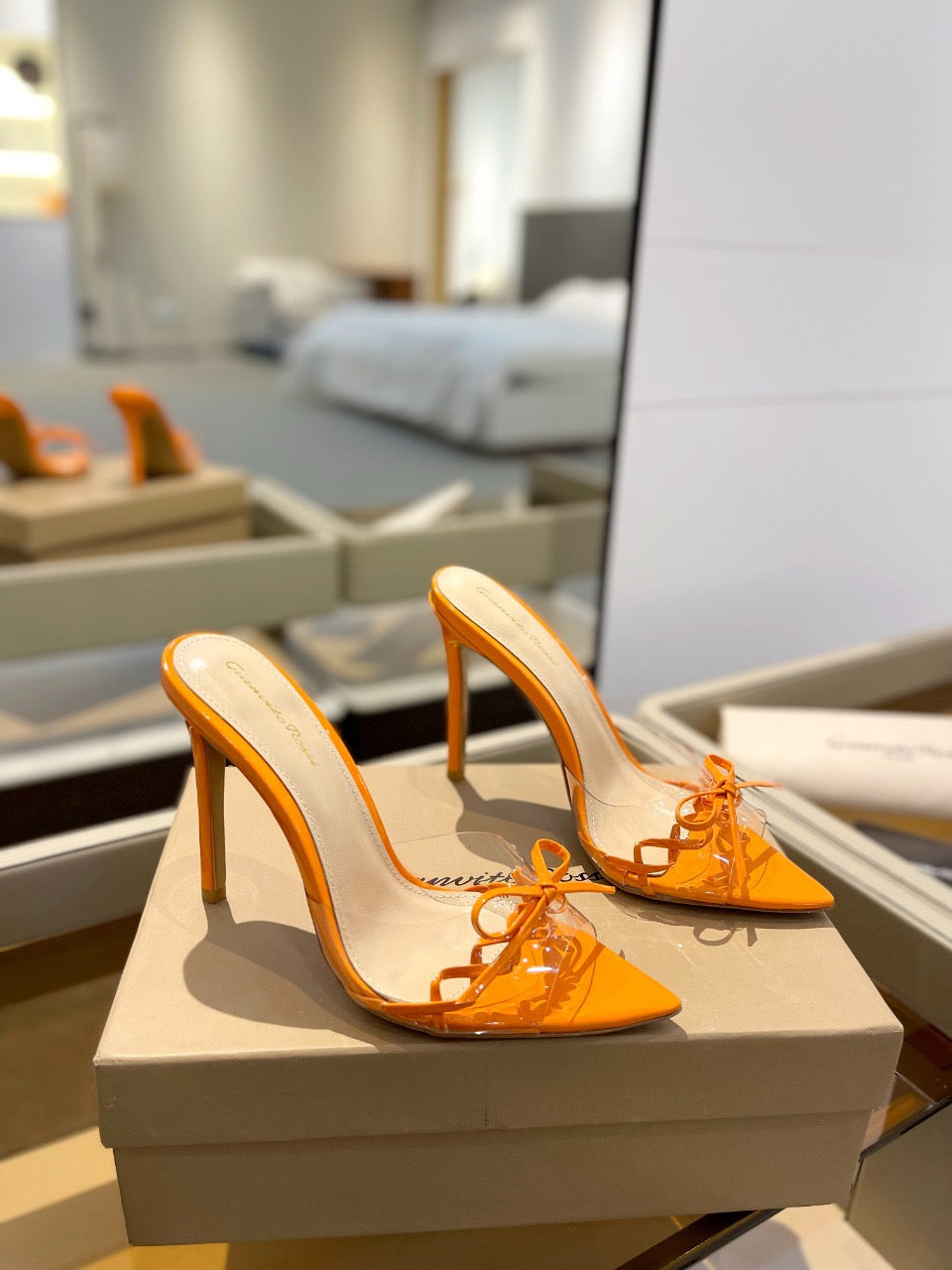 GIANVITO ROSSI 26S HEELED SANDALS 105 MM IN ORANGE PATENT CALFSKIN WITH BOW