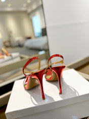GIANVITO ROSSI 26S STRAPPY HIGH-HEEL SANDALS 105 MM IN DARK RED PATENT CALFSKIN