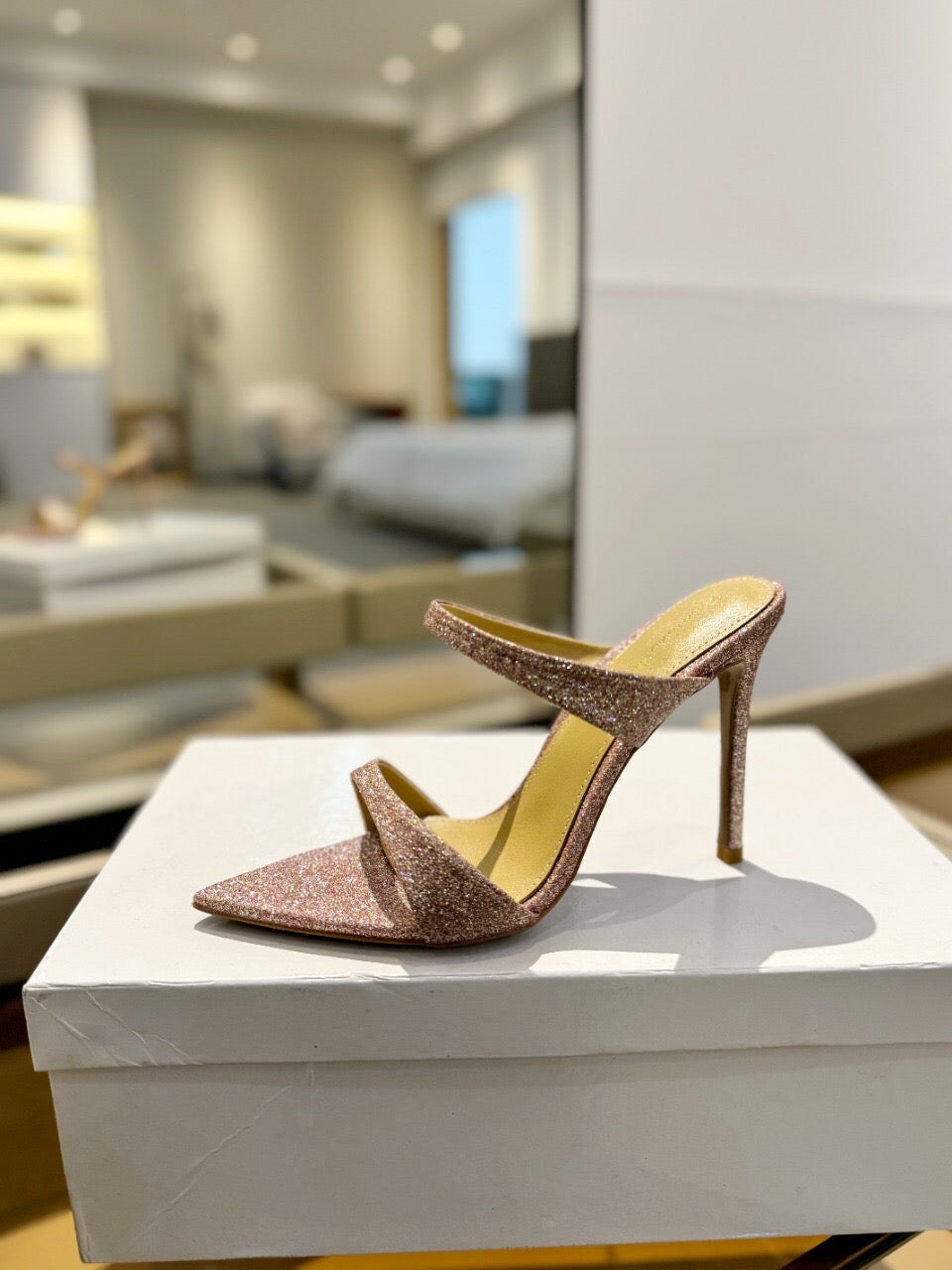 GIANVITO ROSSI 26S HEELED SANDALS 105 MM IN ROSE GOLD GLITTER