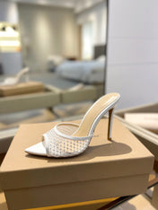 GIANVITO ROSSI 26S HEELED SANDALS 105 MM IN WHITE MESH FABRIC AND CALFSKIN