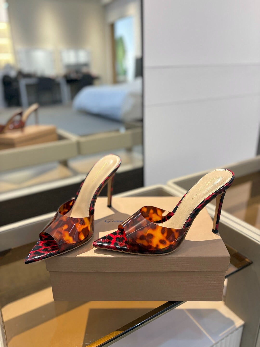 GIANVITO ROSSI 26S HEELED SANDALS 105 MM IN RED AND BLACK LEOPARD PRINT CALFSKIN