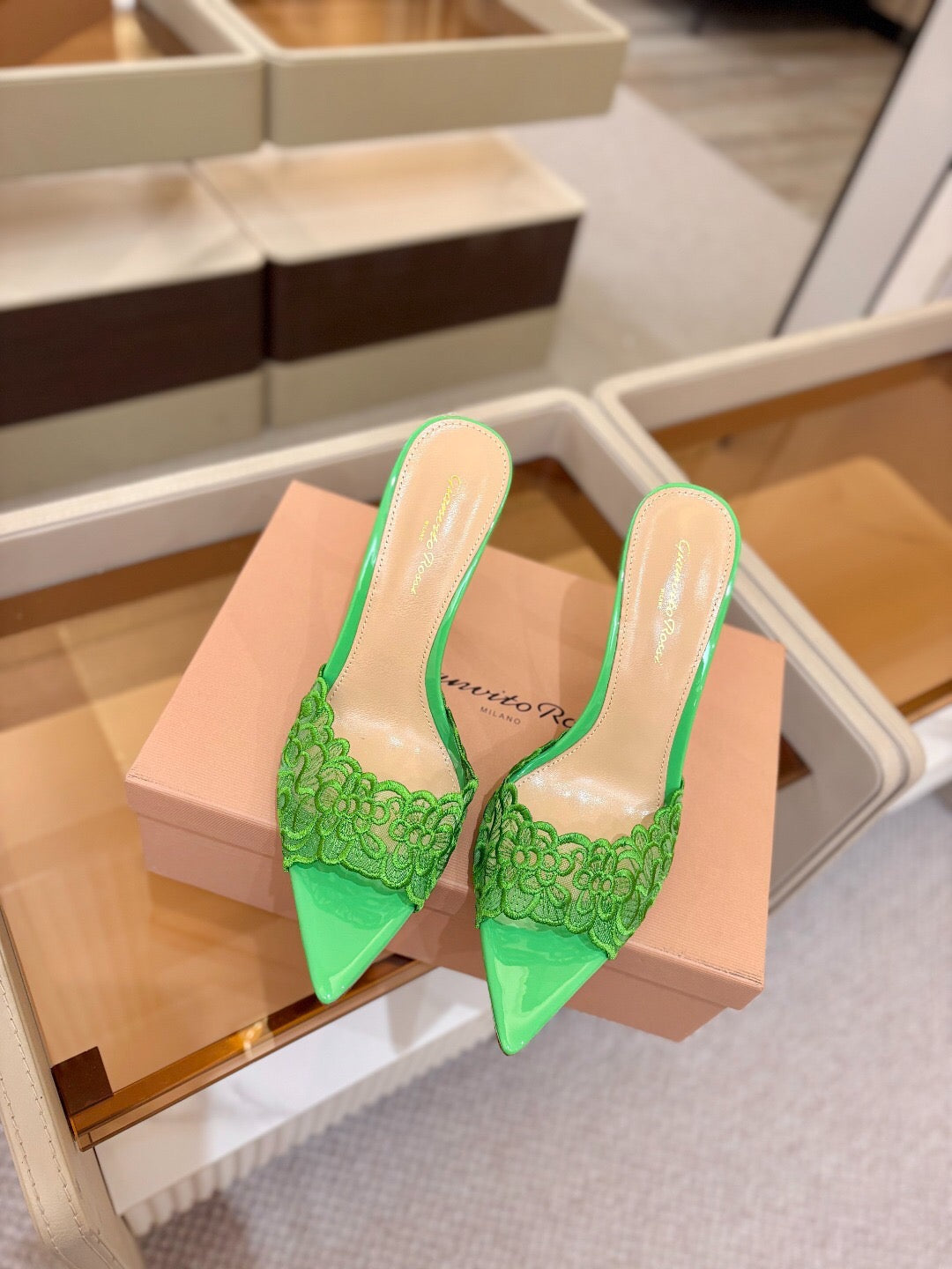 GIANVITO ROSSI 26S HEELED SANDALS 105 MM IN GREEN LACE AND LAMBSKIN
