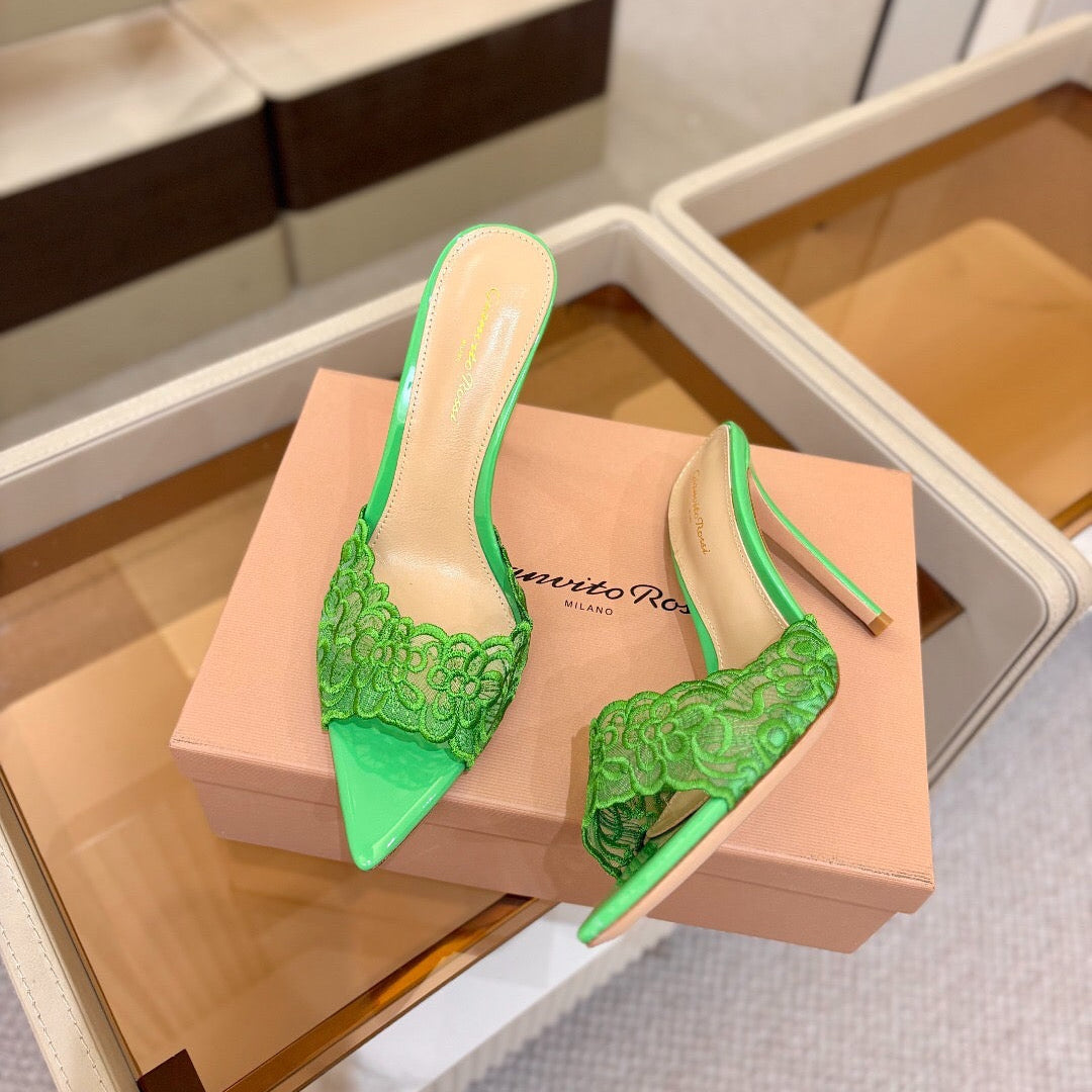 GIANVITO ROSSI 26S HEELED SANDALS 105 MM IN GREEN LACE AND LAMBSKIN