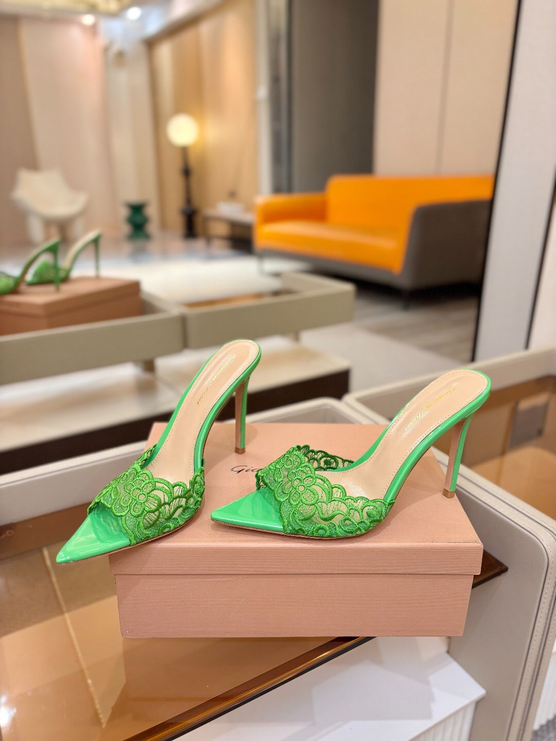 GIANVITO ROSSI 26S HEELED SANDALS 105 MM IN GREEN LACE AND LAMBSKIN