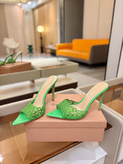 GIANVITO ROSSI 26S HEELED SANDALS 105 MM IN GREEN LACE AND LAMBSKIN