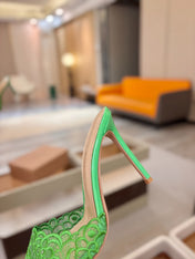 GIANVITO ROSSI 26S HEELED SANDALS 105 MM IN GREEN LACE AND LAMBSKIN