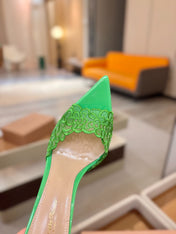 GIANVITO ROSSI 26S HEELED SANDALS 105 MM IN GREEN LACE AND LAMBSKIN