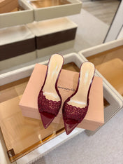 GIANVITO ROSSI 26S HEELED SANDALS 105 MM IN DARK RED LACE AND LAMBSKIN