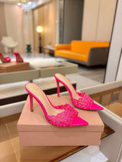 GIANVITO ROSSI 26S HEELED SANDALS 105 MM IN PINK LACE AND LAMBSKIN