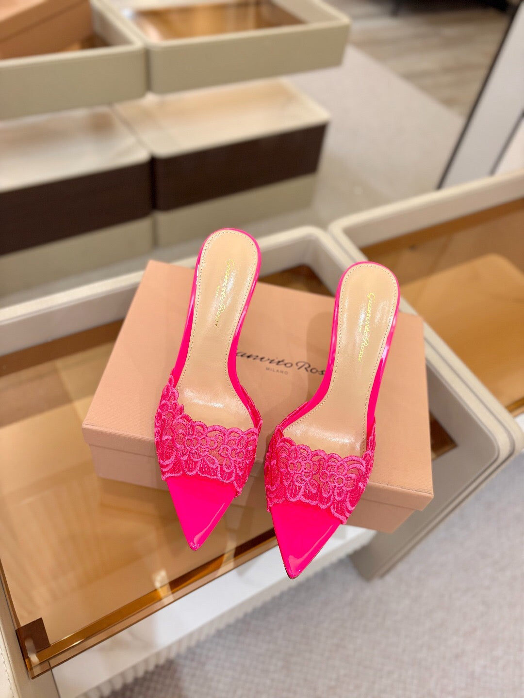 GIANVITO ROSSI 26S HEELED SANDALS 105 MM IN PINK LACE AND LAMBSKIN