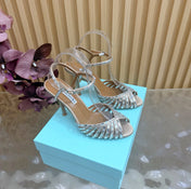 AQUAZZURA 26S CRYSTAL SANDALS 85 MM IN BEIGE SATIN