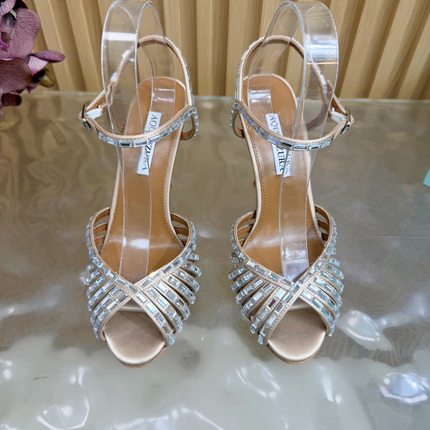 AQUAZZURA 26S CRYSTAL SANDALS 85 MM IN BEIGE SATIN