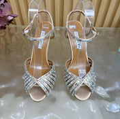 AQUAZZURA 26S CRYSTAL SANDALS 85 MM IN BEIGE SATIN