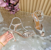 AQUAZZURA 26S CRYSTAL SANDALS 85 MM IN BEIGE SATIN