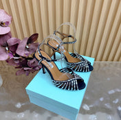 AQUAZZURA 26S CRYSTAL SANDALS 85 MM IN BLACK SATIN