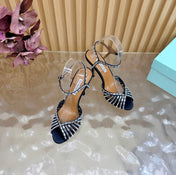 AQUAZZURA 26S CRYSTAL SANDALS 85 MM IN BLACK SATIN
