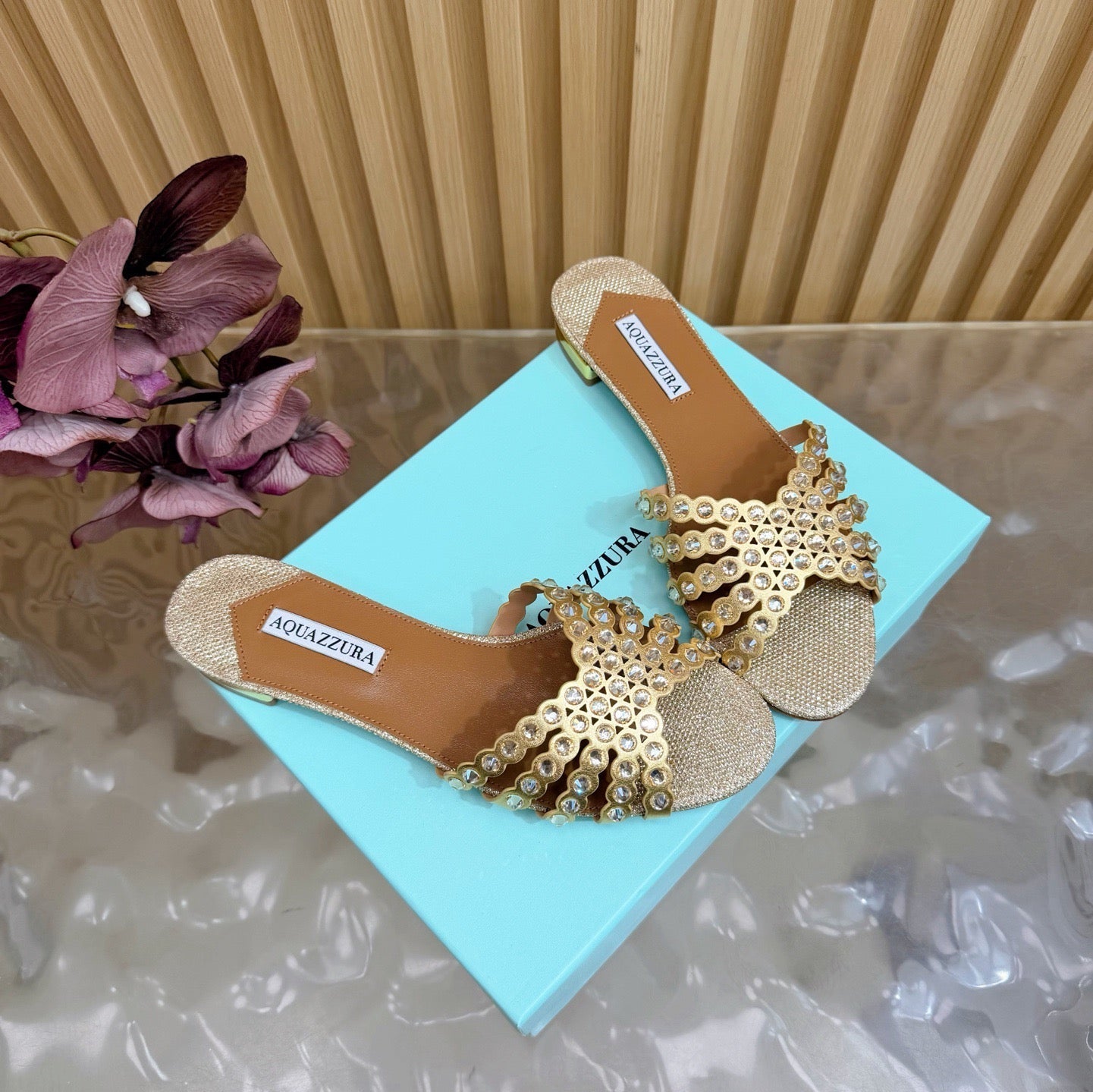 AQUAZZURA 26S SLIDES IN BEIGE LUREX FABRIC