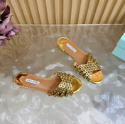 AQUAZZURA 26S SLIDES IN METALLIC GOLD CALFSKIN CRYSTAL-EMBELLISHED STRAPS