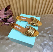 AQUAZZURA 26S SLIDES IN METALLIC GOLD CALFSKIN CRYSTAL-EMBELLISHED STRAPS