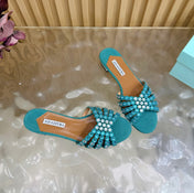 AQUAZZURA 26S SLIDES IN EMERALD GREEN SUEDE CRYSTAL-EMBELLISHED STRAPS