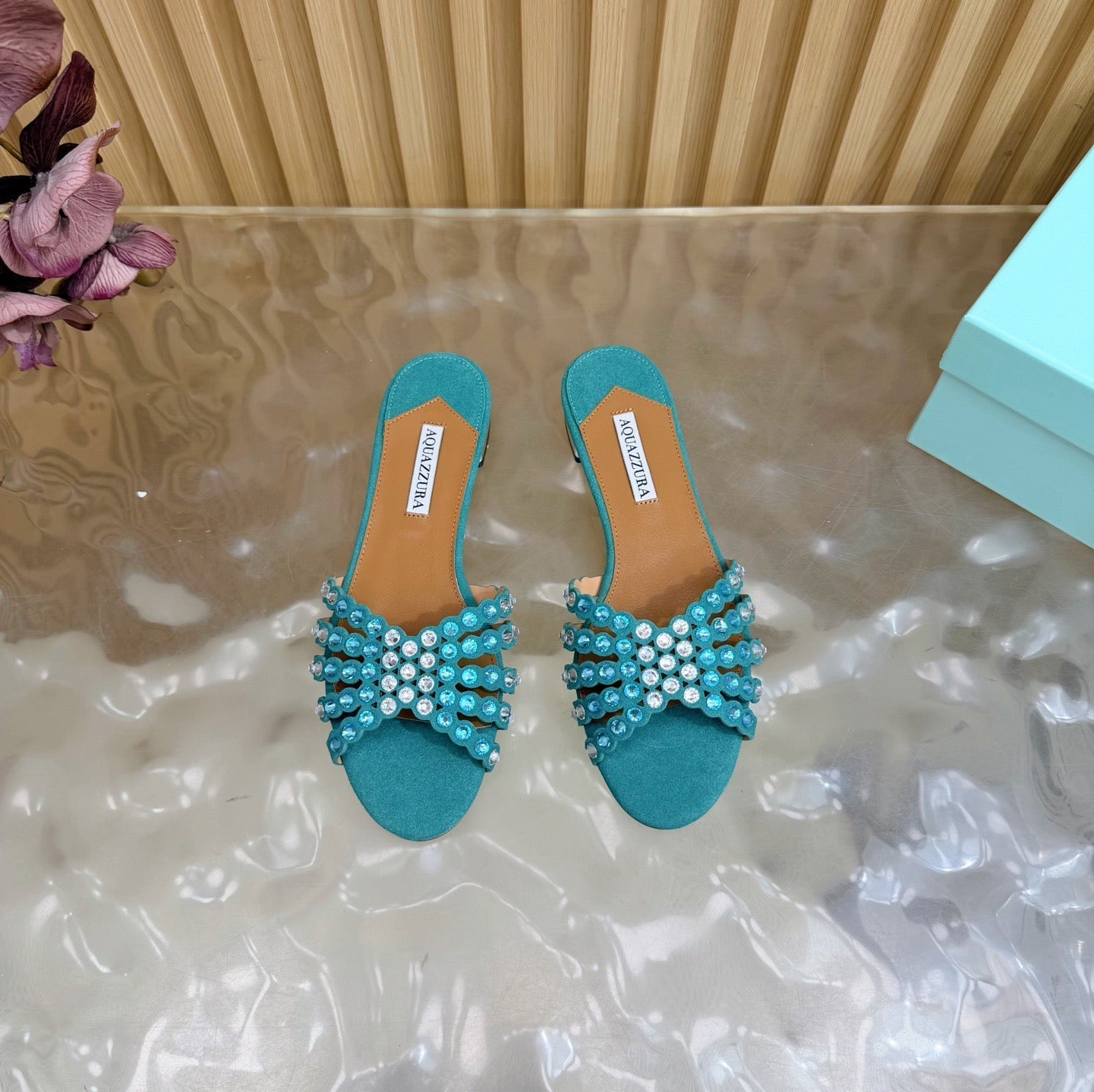 AQUAZZURA 26S SLIDES IN EMERALD GREEN SUEDE CRYSTAL-EMBELLISHED STRAPS