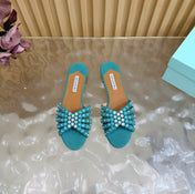 AQUAZZURA 26S SLIDES IN EMERALD GREEN SUEDE CRYSTAL-EMBELLISHED STRAPS