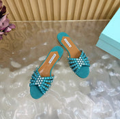 AQUAZZURA 26S SLIDES IN EMERALD GREEN SUEDE CRYSTAL-EMBELLISHED STRAPS