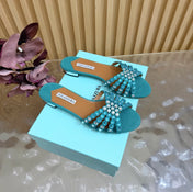 AQUAZZURA 26S SLIDES IN EMERALD GREEN SUEDE CRYSTAL-EMBELLISHED STRAPS