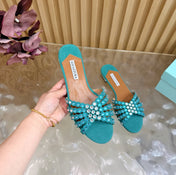 AQUAZZURA 26S SLIDES IN EMERALD GREEN SUEDE CRYSTAL-EMBELLISHED STRAPS