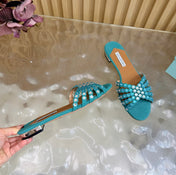 AQUAZZURA 26S SLIDES IN EMERALD GREEN SUEDE CRYSTAL-EMBELLISHED STRAPS