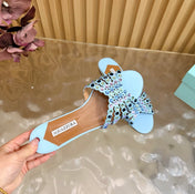 AQUAZZURA 26S SLIDES IN SKY BLUE CALFSKIN CRYSTAL-EMBELLISHED STRAPS