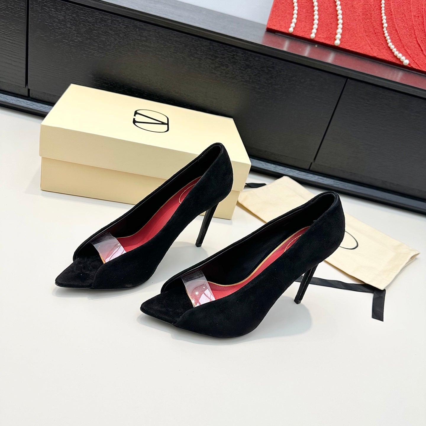VALENTINO 26S PEEP-TOE HIGH HEELS 100 MM IN BLACK SUEDE